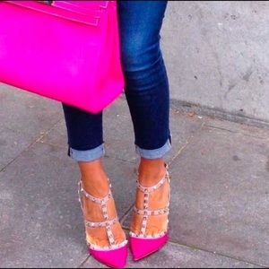 Neon Hot Pink Stud Cage Heels